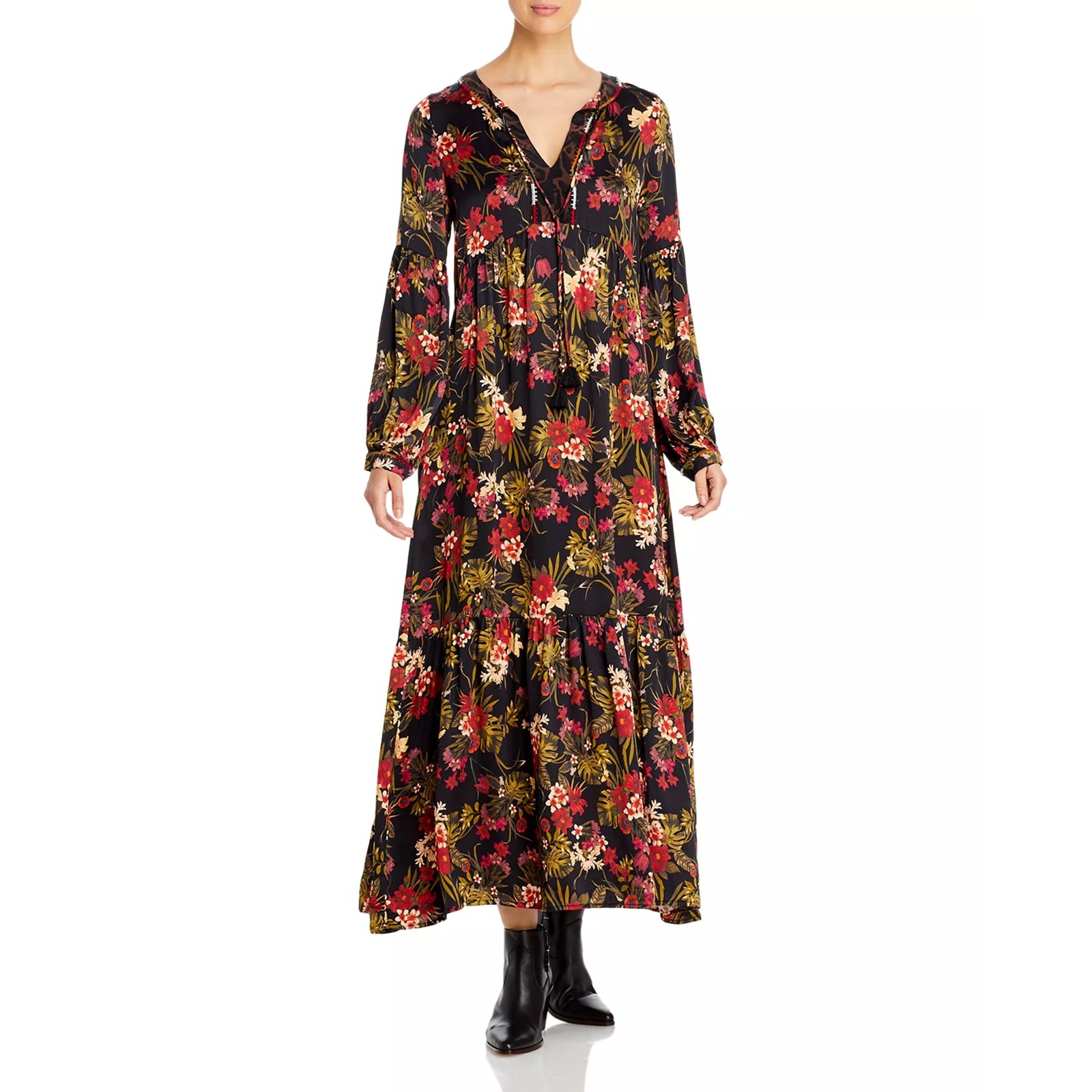 Johnny Was Workshop Womens L Floral Leopard Print Maxi Dress Black Tassel *Read*